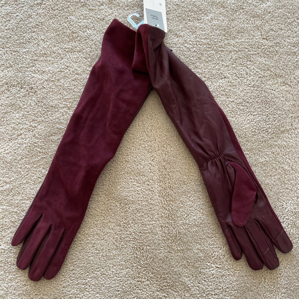 Burgundy leather and suede long winter gloves